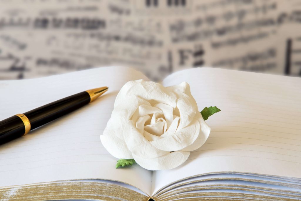 Offenes Buch mit Stift und weißer Rose als Abschiedsritual für eine verstorbene Katze